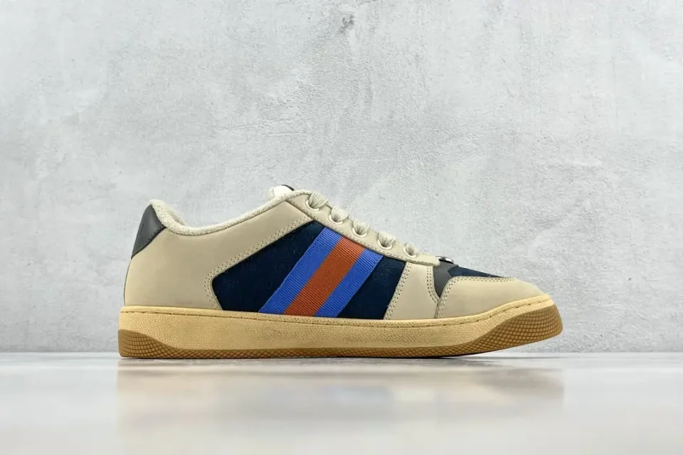 Gucci Screener low-top sneaker beige blue orange nylon leather with vintage rubber sole