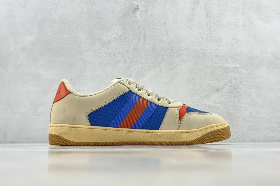 Gucci Screener sneaker beige blue orange leather and mesh low top casual shoe