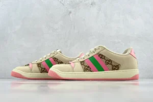 Gucci Screener Distressed Leather sneakers featuring a beige upper with green and pink stripes, displayed on a minimalist background.