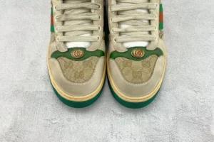 Gucci Screener vintage beige brown green GG canvas leather sneakers with gold GG logo emblem
