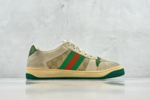 Gucci Screener sneakers beige brown GG canvas green red stripe suede leather trim