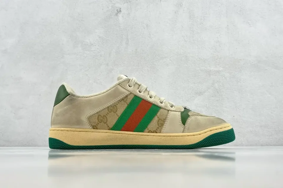 Gucci Screener sneakers beige brown GG canvas green red stripe suede leather trim