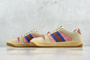 Gucci Screener Series GG Enamel used small dirty shoes with pink, blue, and brown stripes on a light background, showcasing luxury replica footwear for $169.00.