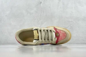Gucci Screener Series GG Enamel used sneaker with pink and beige design, showcasing laces and logo detail, featured on e-commerce platform for luxury replicas.