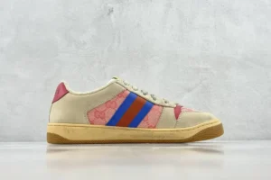 Gucci Screener Series GG Enamel used small dirty shoes with pink and blue stripes on a beige background.