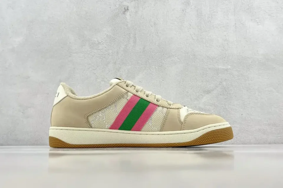 Gucci Screener sneakers beige leather canvas with green pink web stripe and gum sole