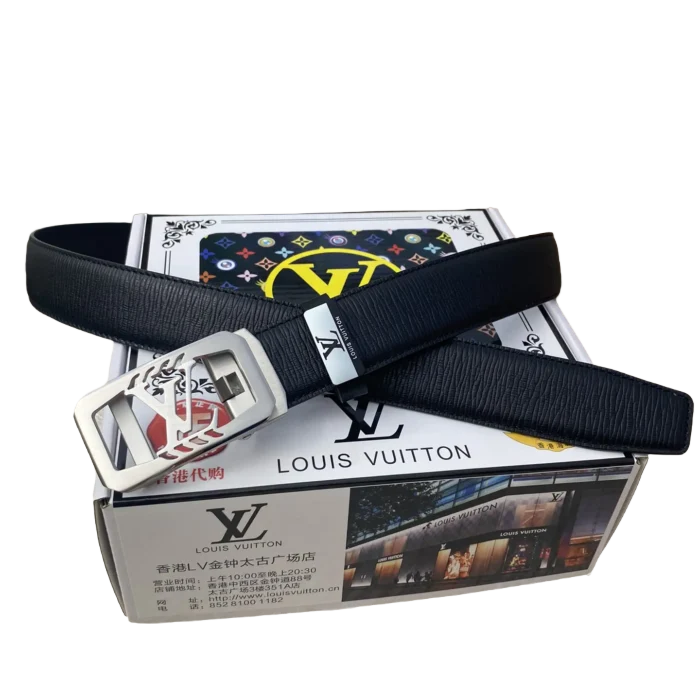 Louis Vuitton black belt with silver buckle displayed on branded box, showcasing luxury accessory details for online shopping.