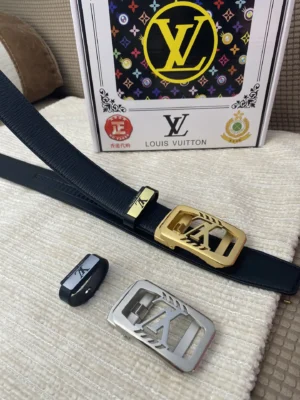 Louis Vuitton belt black leather with interchangeable gold and silver LV logo buckles and black box buckle accessory