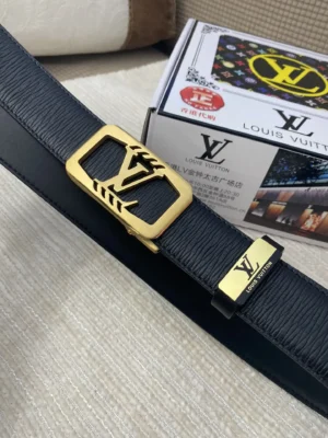 Louis Vuitton belt black textured leather gold LV logo buckle luxury accessory