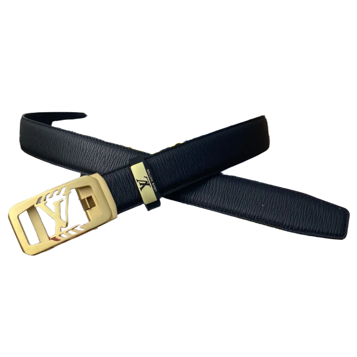 Louis Vuitton replica black leather belt with gold-tone buckle featuring the iconic LV logo, showcasing luxury accessory details for affordable fashion.