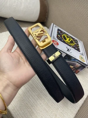 Louis Vuitton leather belt black gold-tone LV cutout buckle adjustable strap accessory
