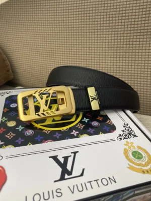 Louis Vuitton belt black leather with gold LV buckle and logo plaque accessory