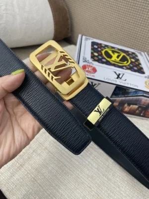 Louis Vuitton belt black leather gold-tone LV buckle adjustable accessory