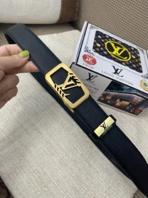 Louis Vuitton belt black leather gold LV logo buckle designer accessory with branded packaging box
