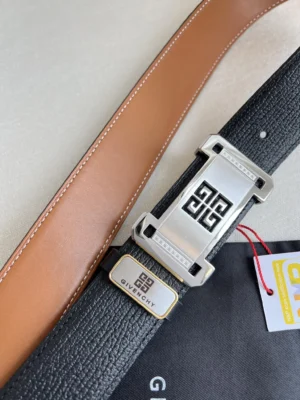 Givenchy belt black textured leather silver buckle with logo engraving and tan leather lining