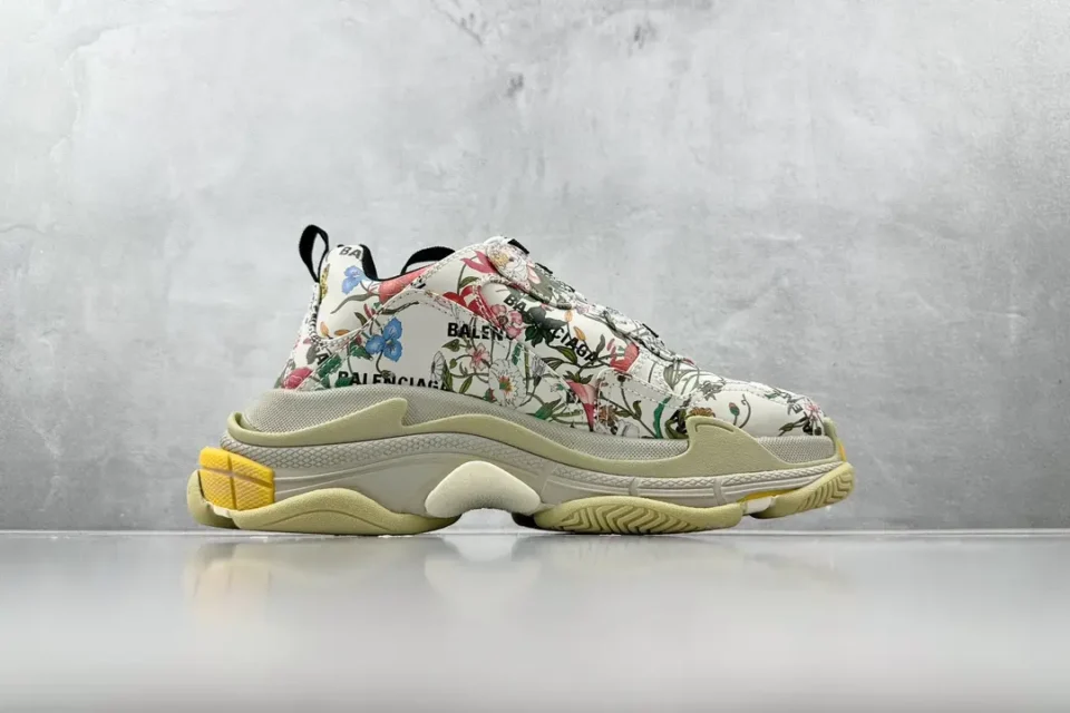 Balenciaga Triple S floral print multicolor leather sneakers with chunky beige rubber sole and yellow accents