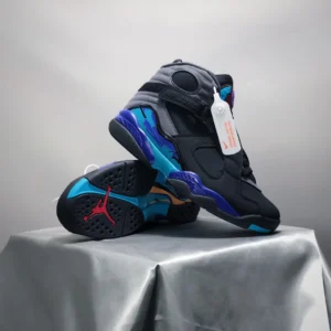 Nike Air Jordan 8 Aqua black blue purple leather sneakers with turquoise accents and signature strap