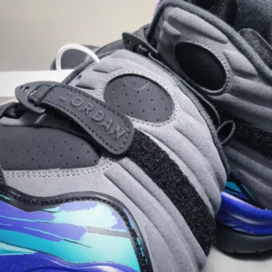 Nike Air Jordan 8 Retro Cool Grey black teal blue suede and leather sneakers with strap and speckled midsole