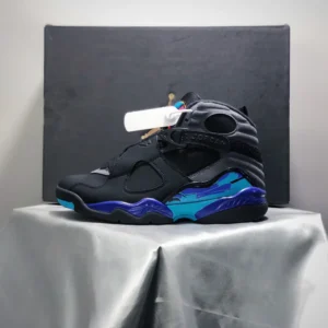 Nike Air Jordan 8 Retro black aqua blue leather sneakers with purple accents and strap details