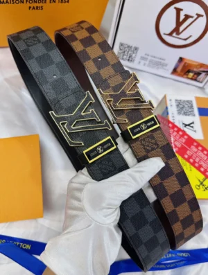 Louis Vuitton reversible belt black and brown checkered coated canvas gold LV buckle accessory