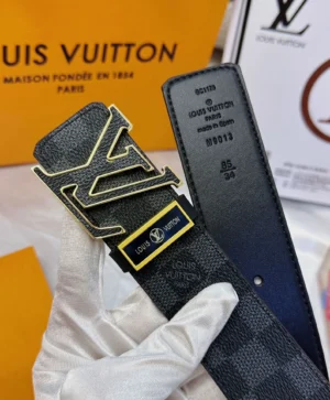 Louis Vuitton belt black leather LV buckle luxury accessory with gold accents and embossed logo