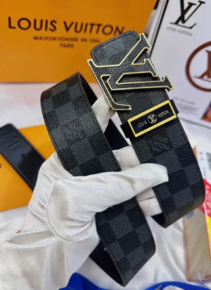 Louis Vuitton belt black Damier canvas leather with oversized gold LV buckle accessory