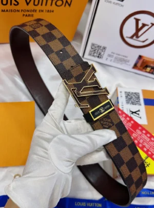 Louis Vuitton Damier belt brown checkered canvas with gold LV buckle and leather backing