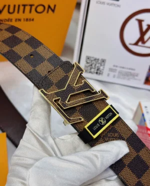 Louis Vuitton belt Damier Ebene 40mm canvas brown leather buckle with gold LV logo