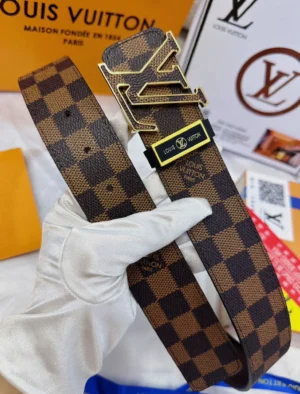 Louis Vuitton belt brown checkered canvas gold LV buckle luxury accessory