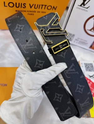 Louis Vuitton Initiales 40mm black monogram canvas belt with gold LV buckle leather trim