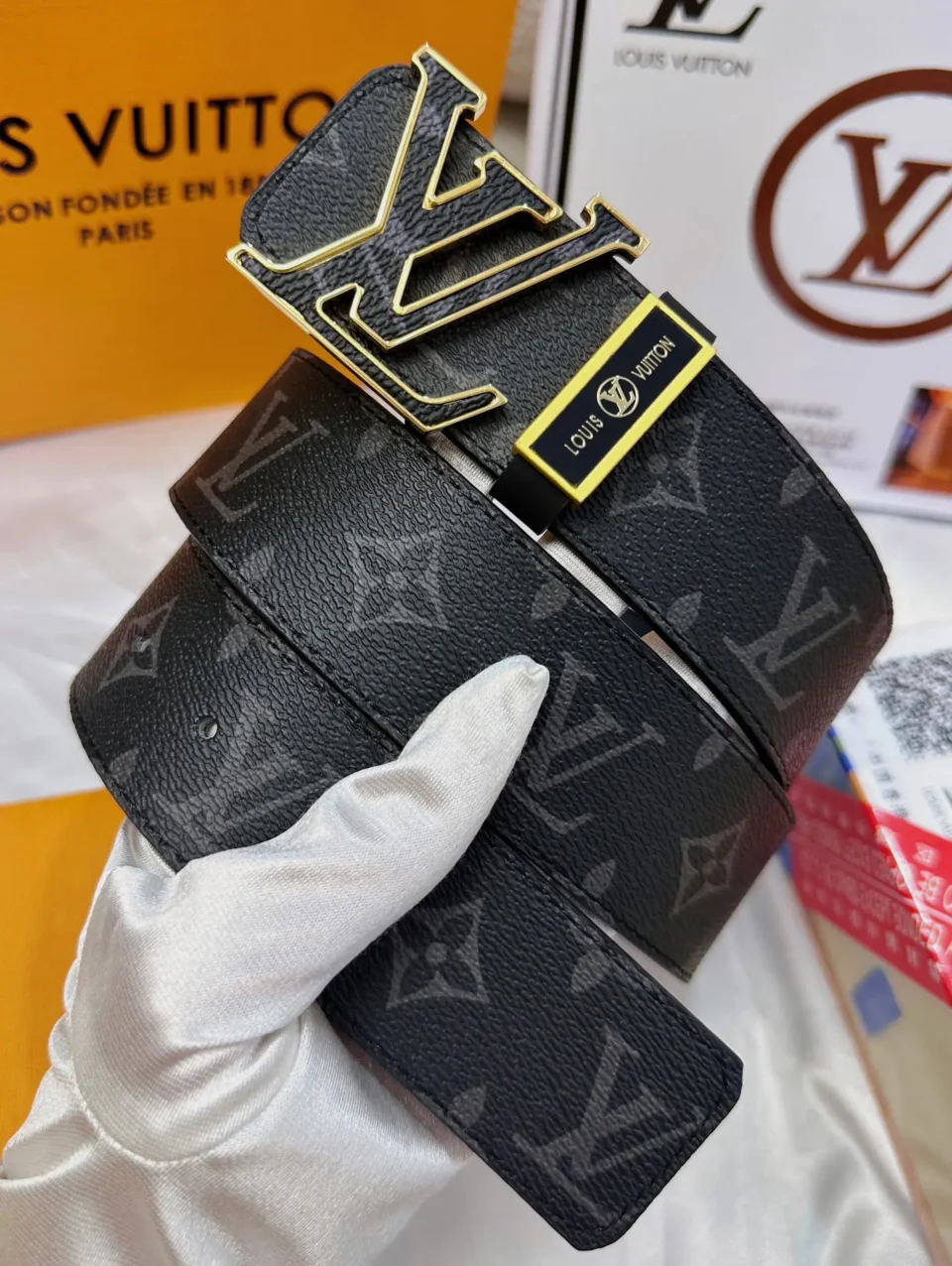Louis Vuitton belt black monogram canvas gold-tone LV buckle leather details