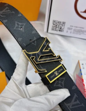 Louis Vuitton belt black monogram canvas leather gold LV buckle accessory