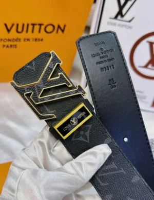 Louis Vuitton belt M9013 85 size black monogram canvas leather with gold LV buckle