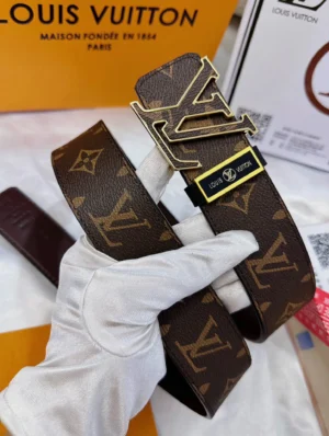 Louis Vuitton belt Monogram canvas brown leather with gold LV buckle luxury accessory