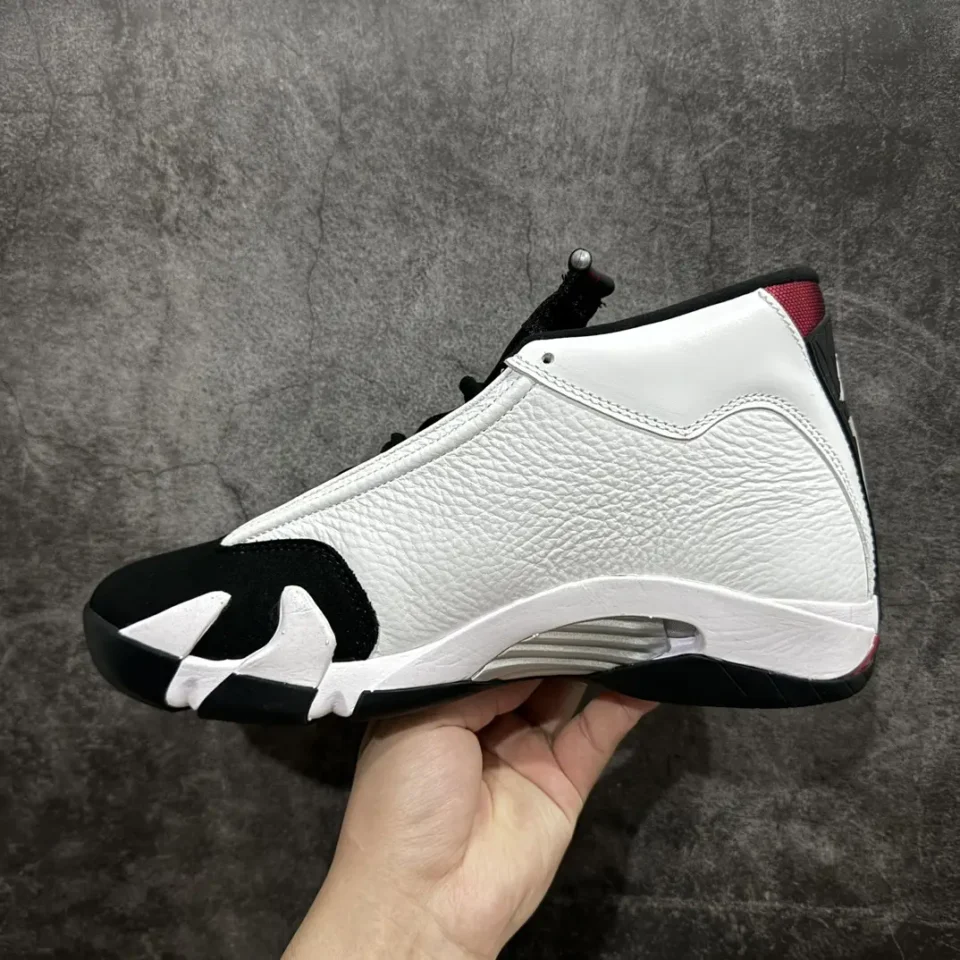 Air Jordan 14 Retro white black varsity red leather sneakers with rubber sole