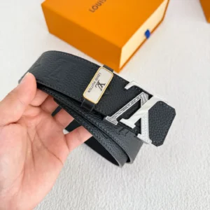 Louis Vuitton monogram belt black leather silver LV buckle adjustable accessory