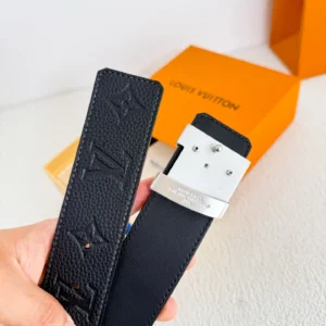 Louis Vuitton belt black embossed leather silver solid steel buckle luxury accessory