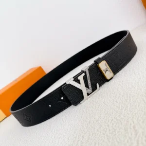 Louis Vuitton belt black leather embossed LV monogram silver LV buckle gold accent