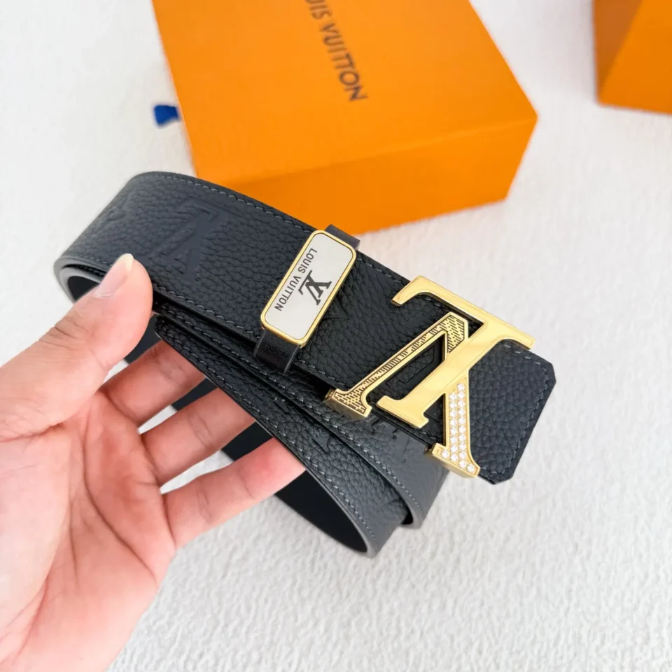 Louis Vuitton belt black leather strap gold LV buckle with crystal detailing accessory
