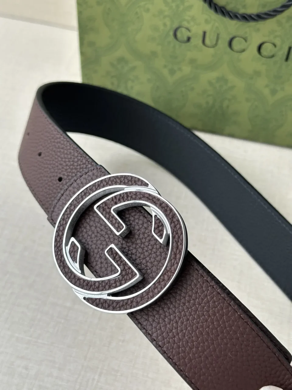 Gucci GG belt brown pebbled leather silver double G buckle luxury accessory