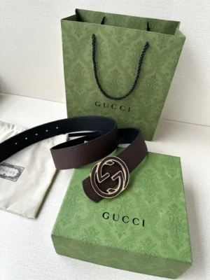 Gucci belt brown leather double G logo gold-tone buckle accessories with green branded packaging
