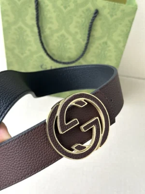 Gucci GG belt brown leather gold-tone double G buckle reversible black leather interior