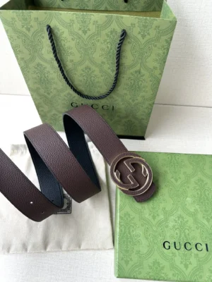 Gucci belt brown leather double G gold-tone buckle reversible accessory with black lining