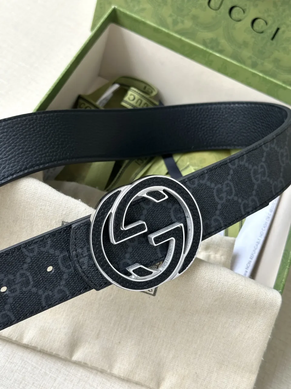 Gucci GG belt black leather canvas interlocking G buckle luxury accessory