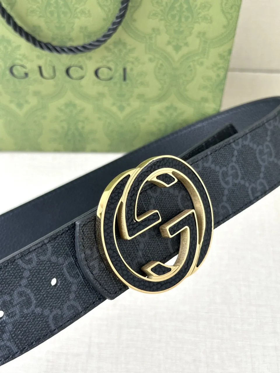 Gucci GG belt black signature canvas leather gold double G buckle accessory