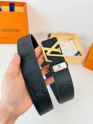 Louis Vuitton belt black leather embossed LV logo gold-tone buckle accessory