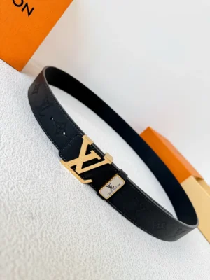 Louis Vuitton belt black leather embossed monogram gold LV buckle accessory