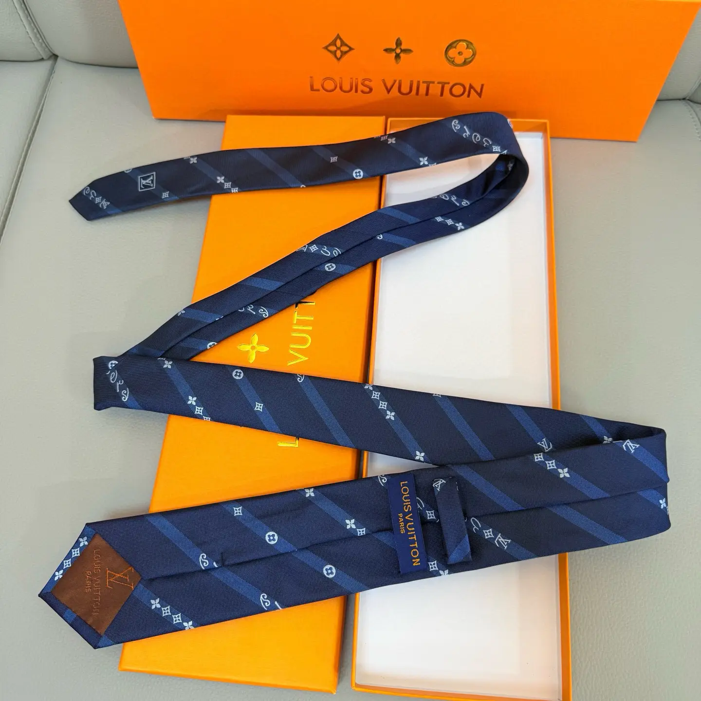 Louis Vuitton tie blue silk necktie monogram pattern luxury accessory