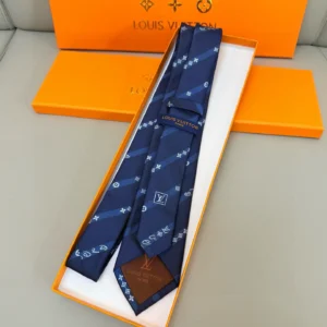 Louis Vuitton necktie blue silk with monogram pattern luxury accessory in orange box packaging