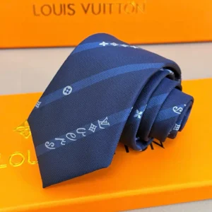 Louis Vuitton silk tie navy blue stripe monogram pattern luxury accessory